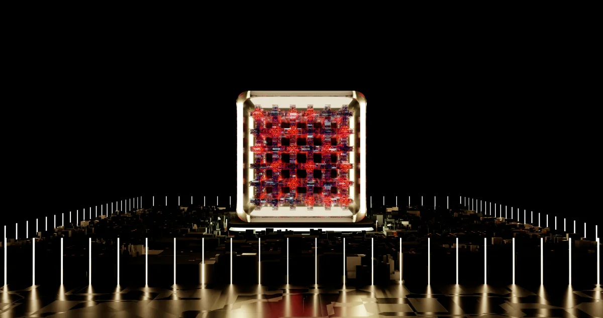 Conceptual image of legal scales and quantum symbols