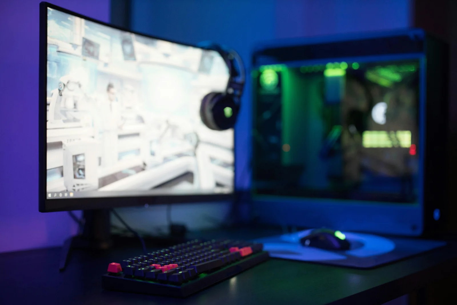 A futuristic gaming monitor setup in an esports arena
